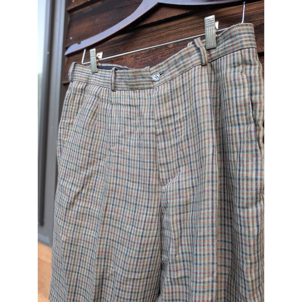 Vintage Perry Ellis Linen Pants 32x30 Houndstooth Plaid Linen Pleated Trousers